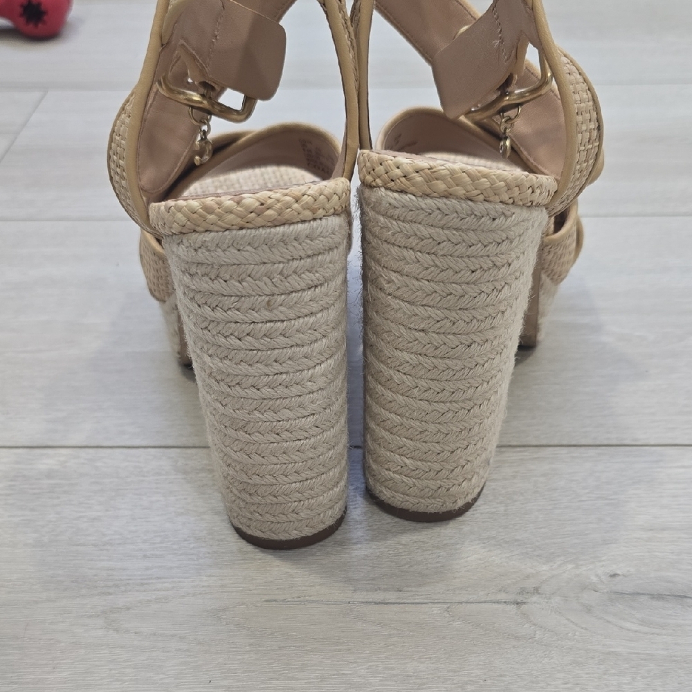 Coach Tan Woven Platform Slingback Sandals with Gold Buckle - Picture 2 of 4